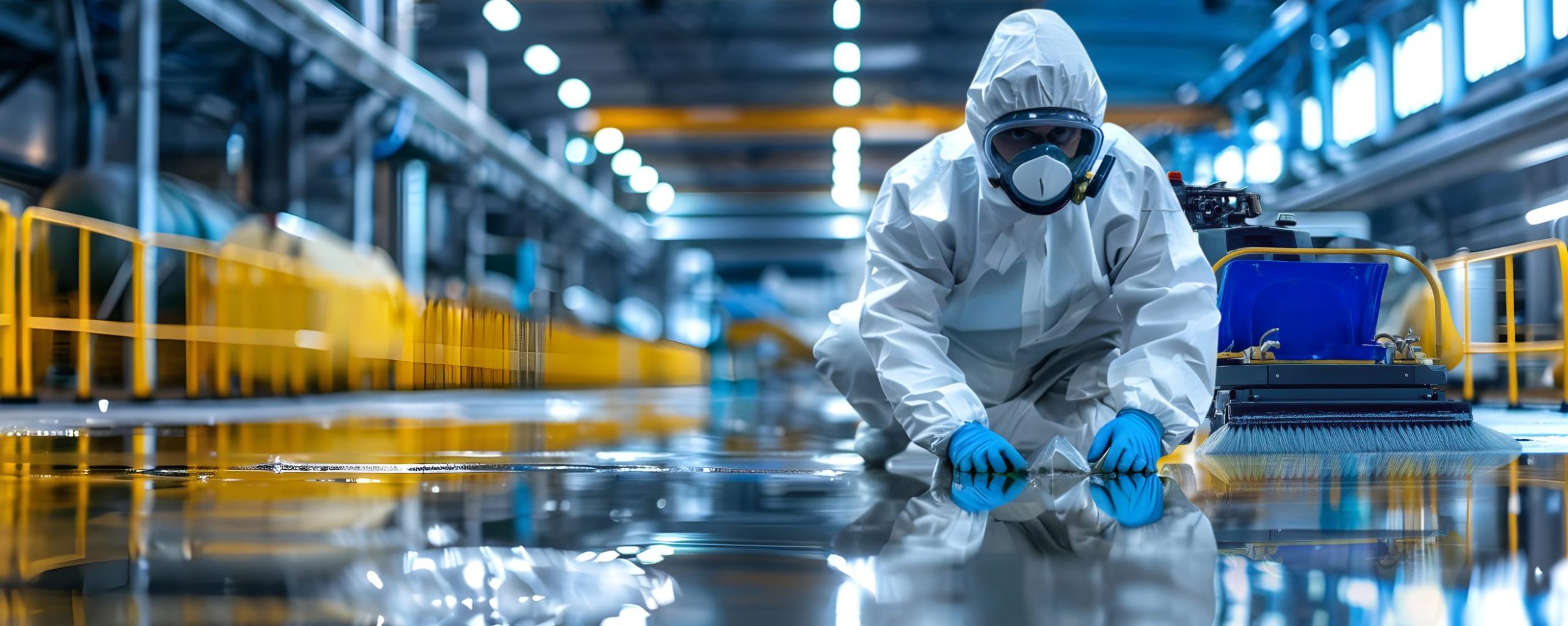 Researcher in protective gear examines chemical spill in restricted zone. Concept Chemical Spill Investigation, Researcher in Protective Gear, Restricted Zone, Hazardous Materials